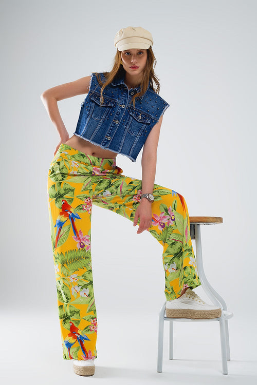 Yellow Pants With Tropical Print With Zip Side-0