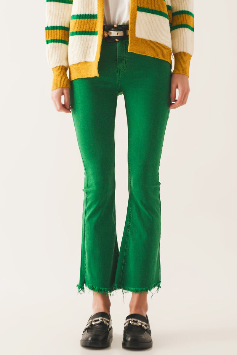 Flare Jeans With Raw Hem Edge in Bright Green-3