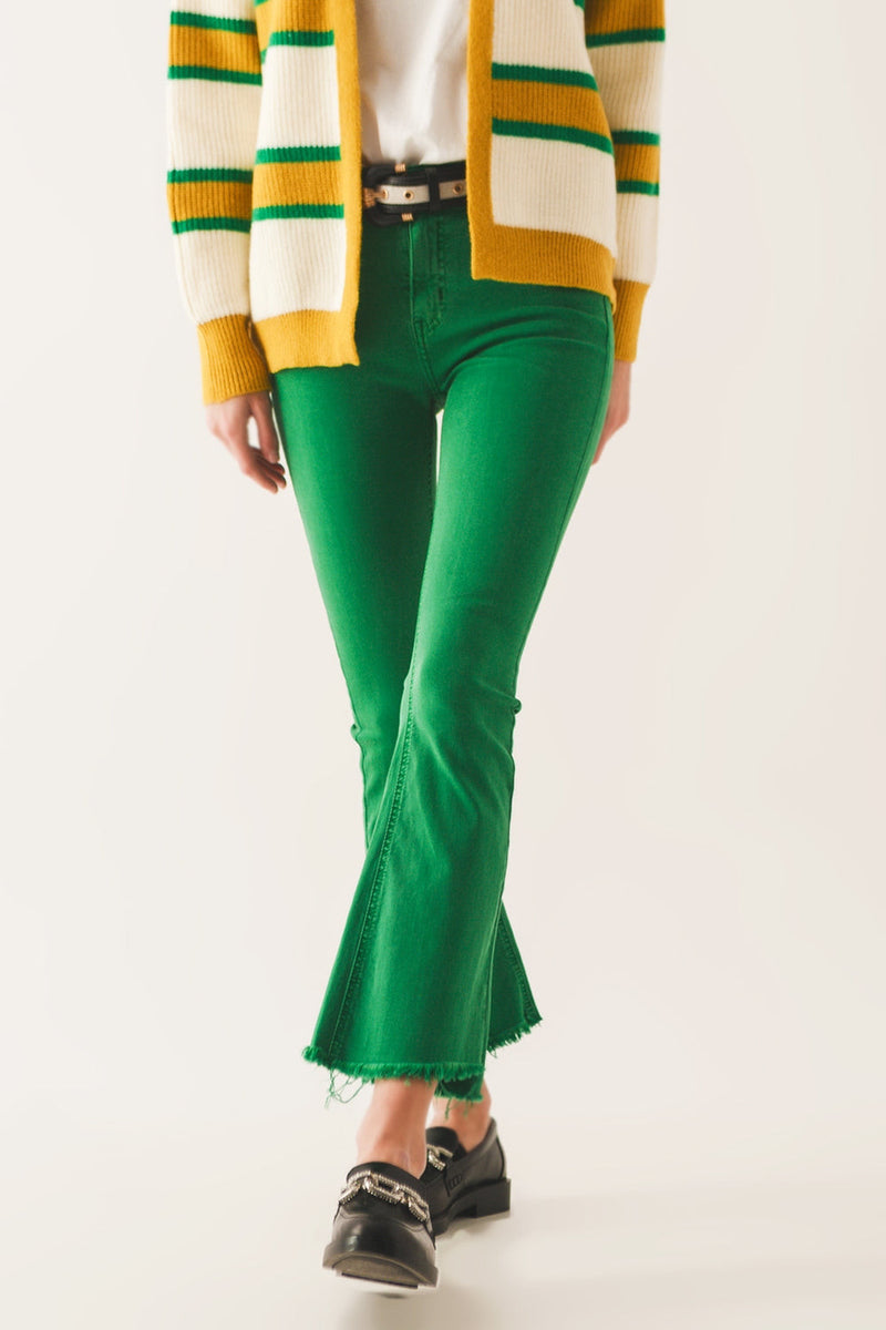 Flare Jeans With Raw Hem Edge in Bright Green-0