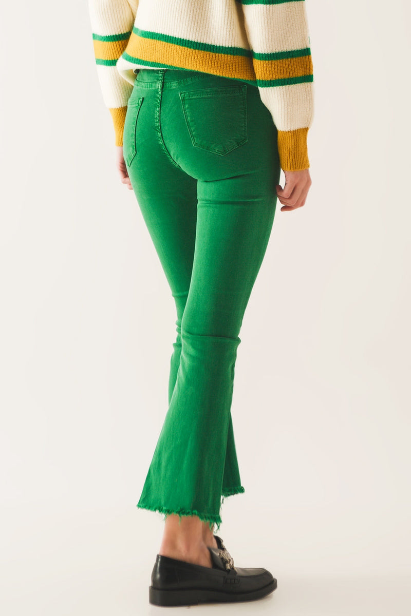 Flare Jeans With Raw Hem Edge in Bright Green-5