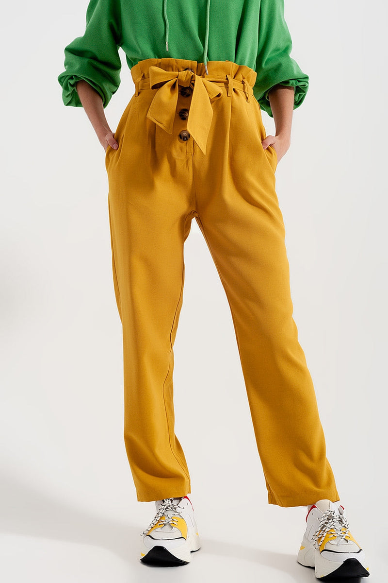 High Waist Belted Paperbag Trousers in Yellow-3