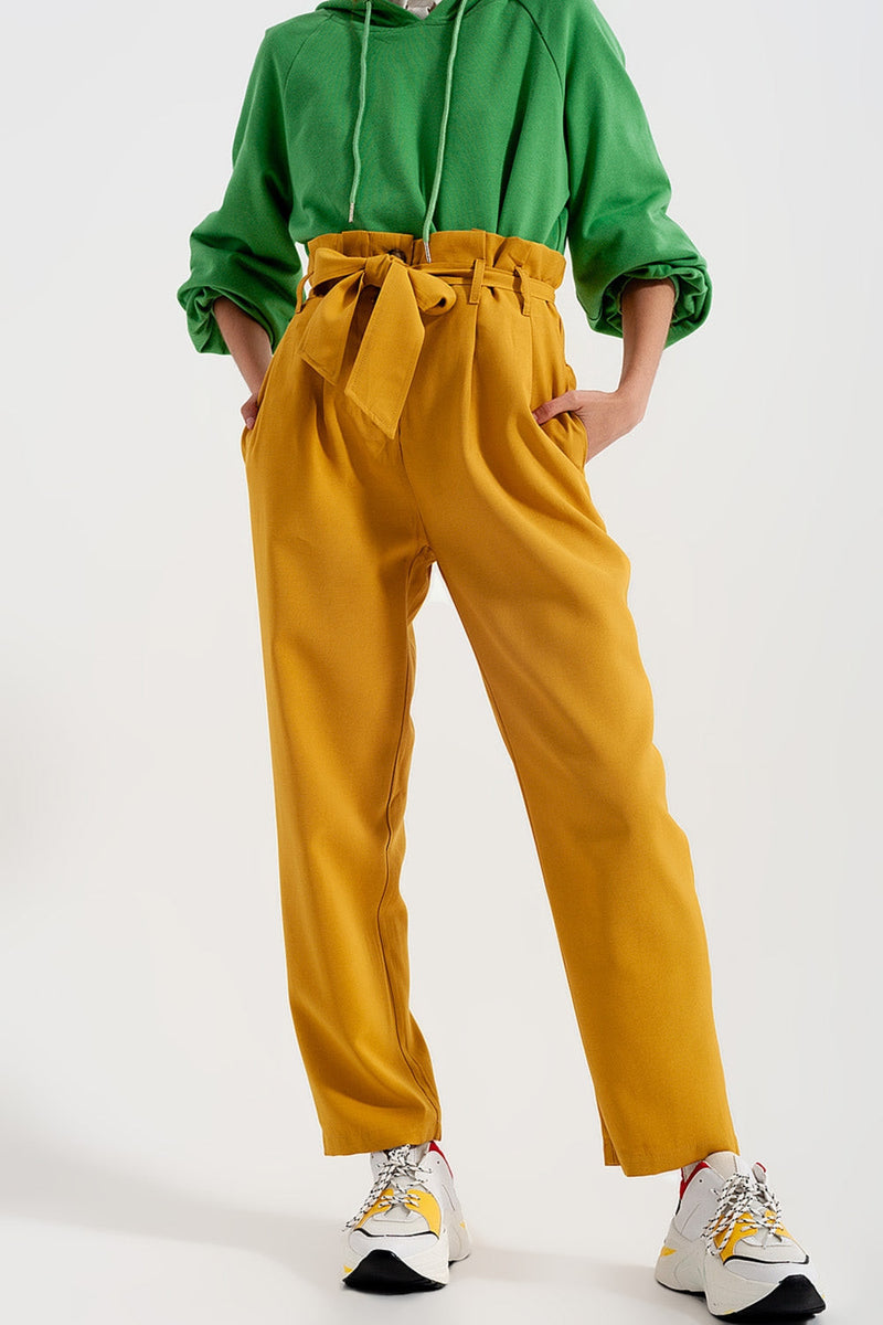 High Waist Belted Paperbag Trousers in Yellow-4