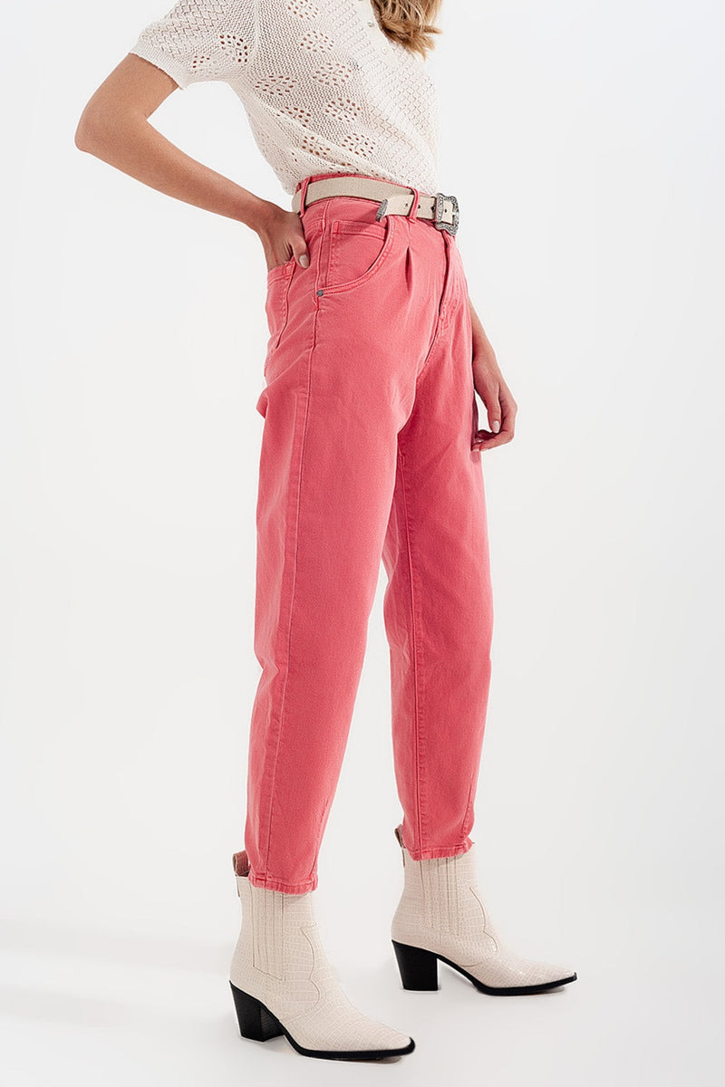 High Rise Mom Jeans With Pleat Front in Pink-3