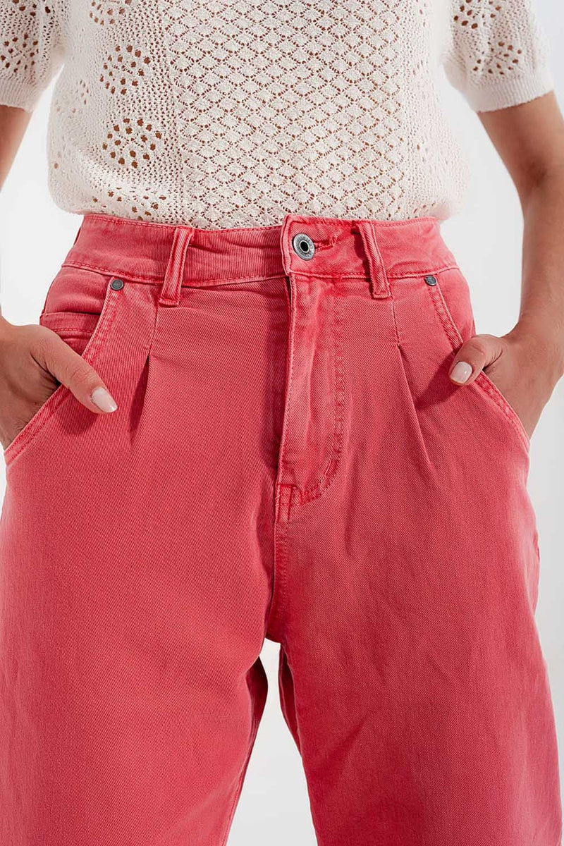 High Rise Mom Jeans With Pleat Front in Pink-1