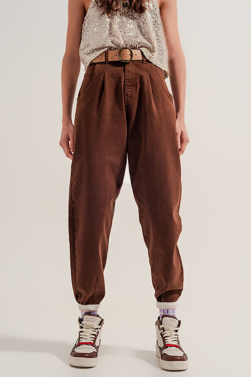 High Rise Mom Jeans With Pleat Front in Brown-0