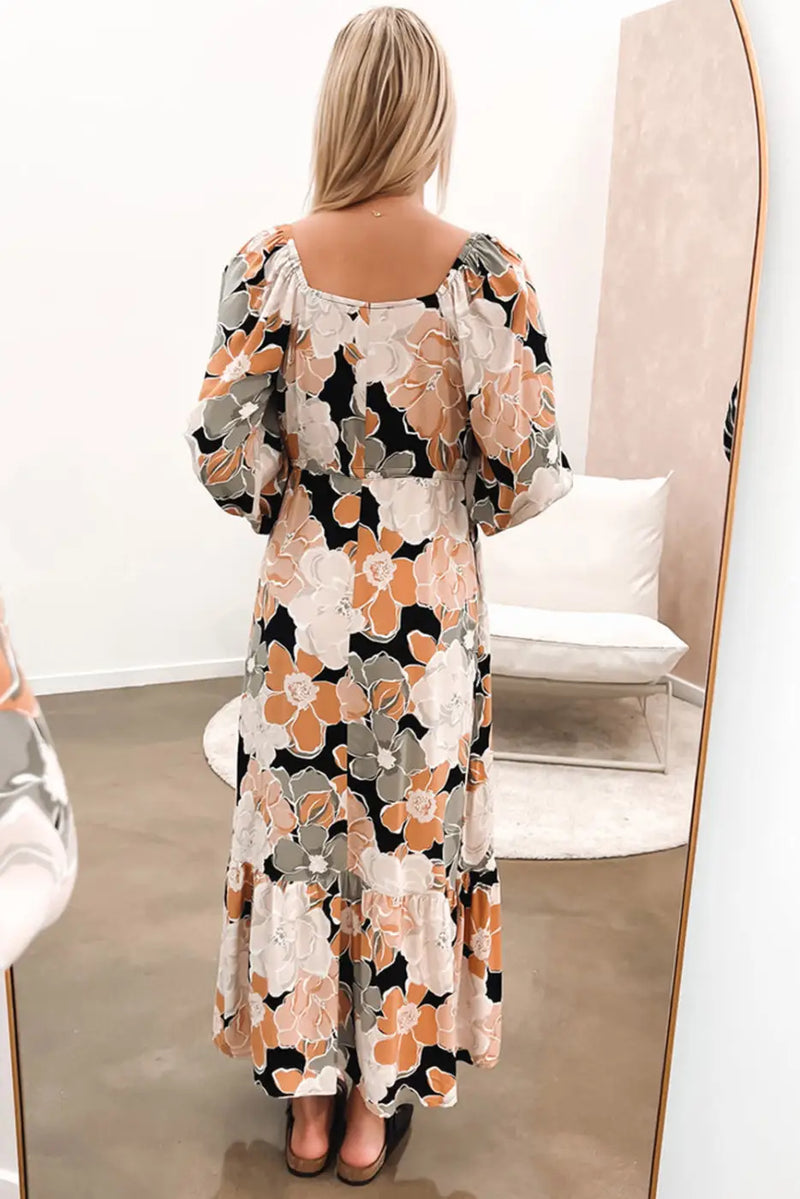 Floral Maxi Dress - Tie Waist Puff Sleeve-1