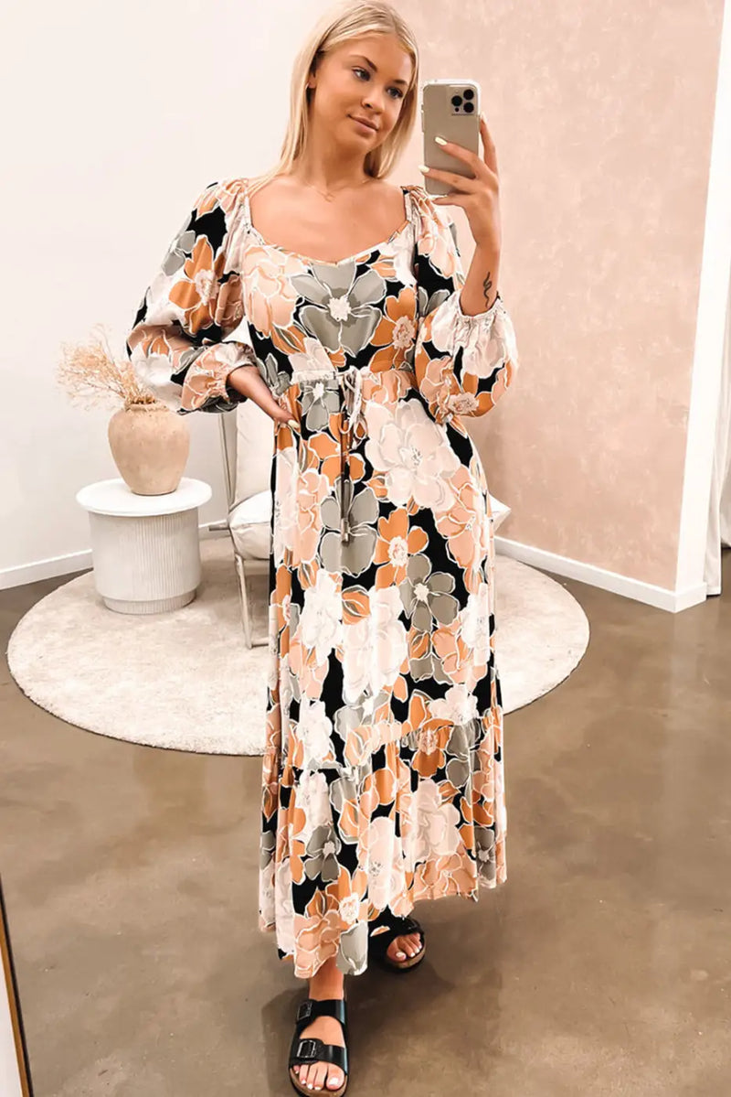 Floral Maxi Dress - Tie Waist Puff Sleeve-2