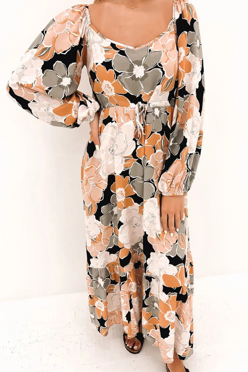 Floral Maxi Dress - Tie Waist Puff Sleeve-3