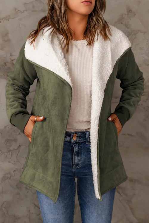 Green Faux Suede Fleece Lined Open Front Jacket-0