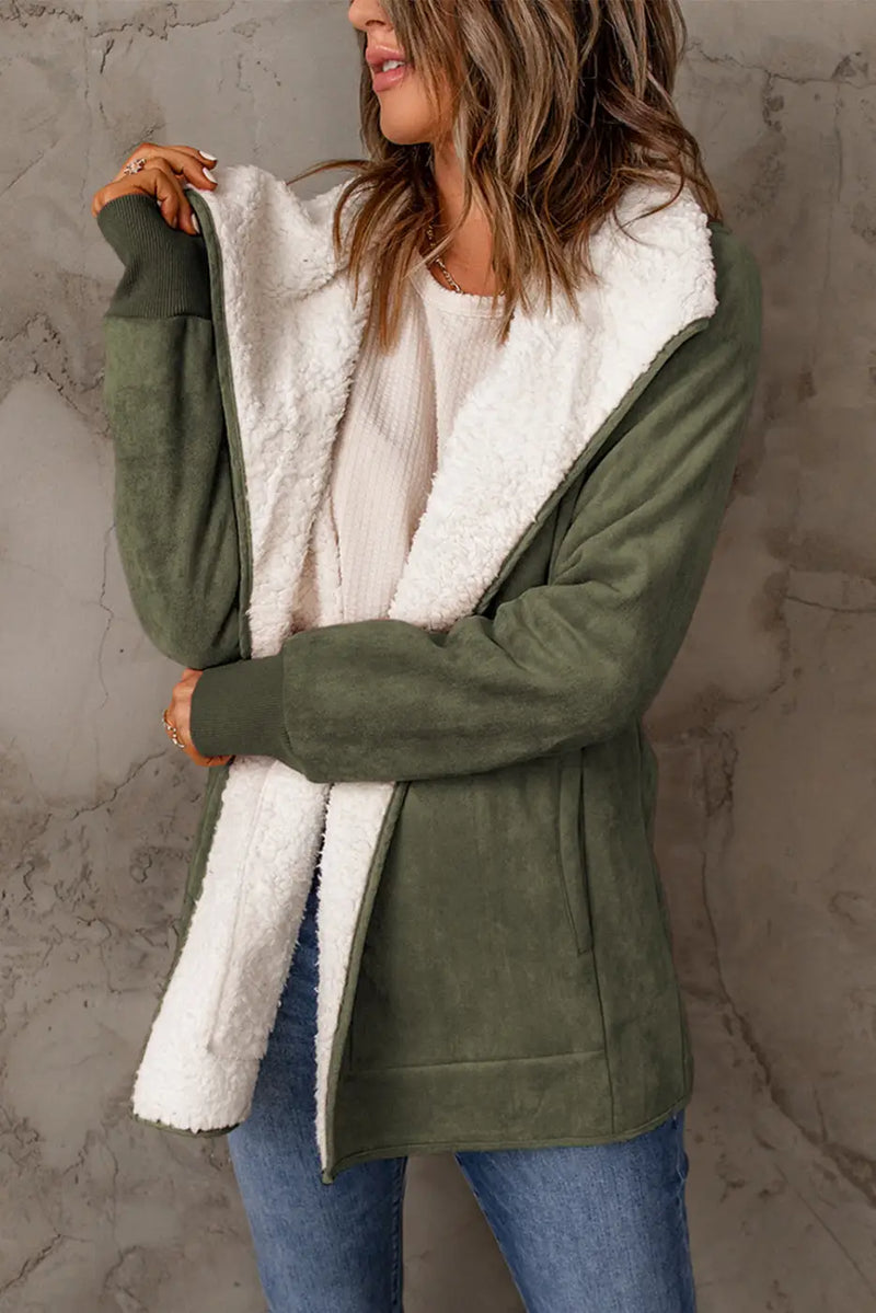 Green Faux Suede Fleece Lined Open Front Jacket-2