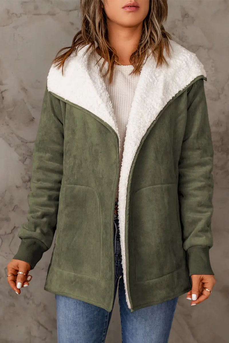 Green Faux Suede Fleece Lined Open Front Jacket-4