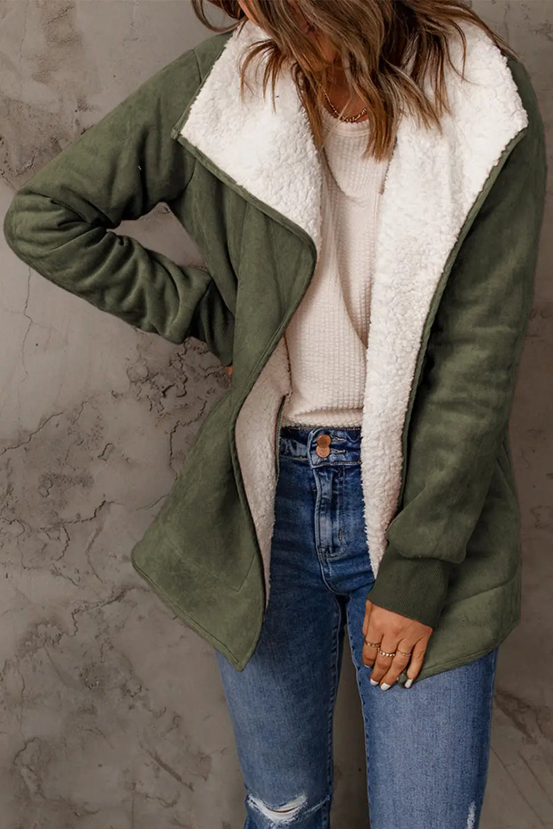 Green Faux Suede Fleece Lined Open Front Jacket-3