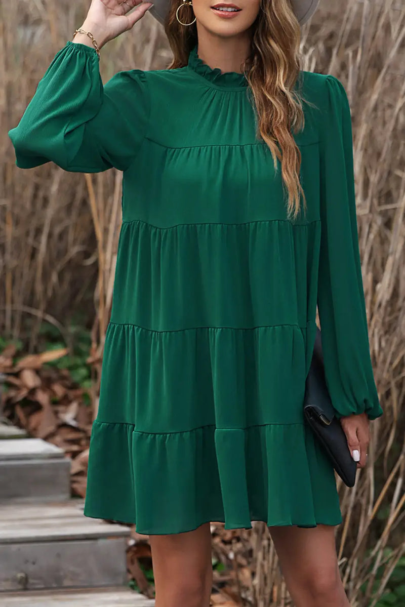 Green Puff Sleeve Mock Neck Back Knot Tiered Dress-0