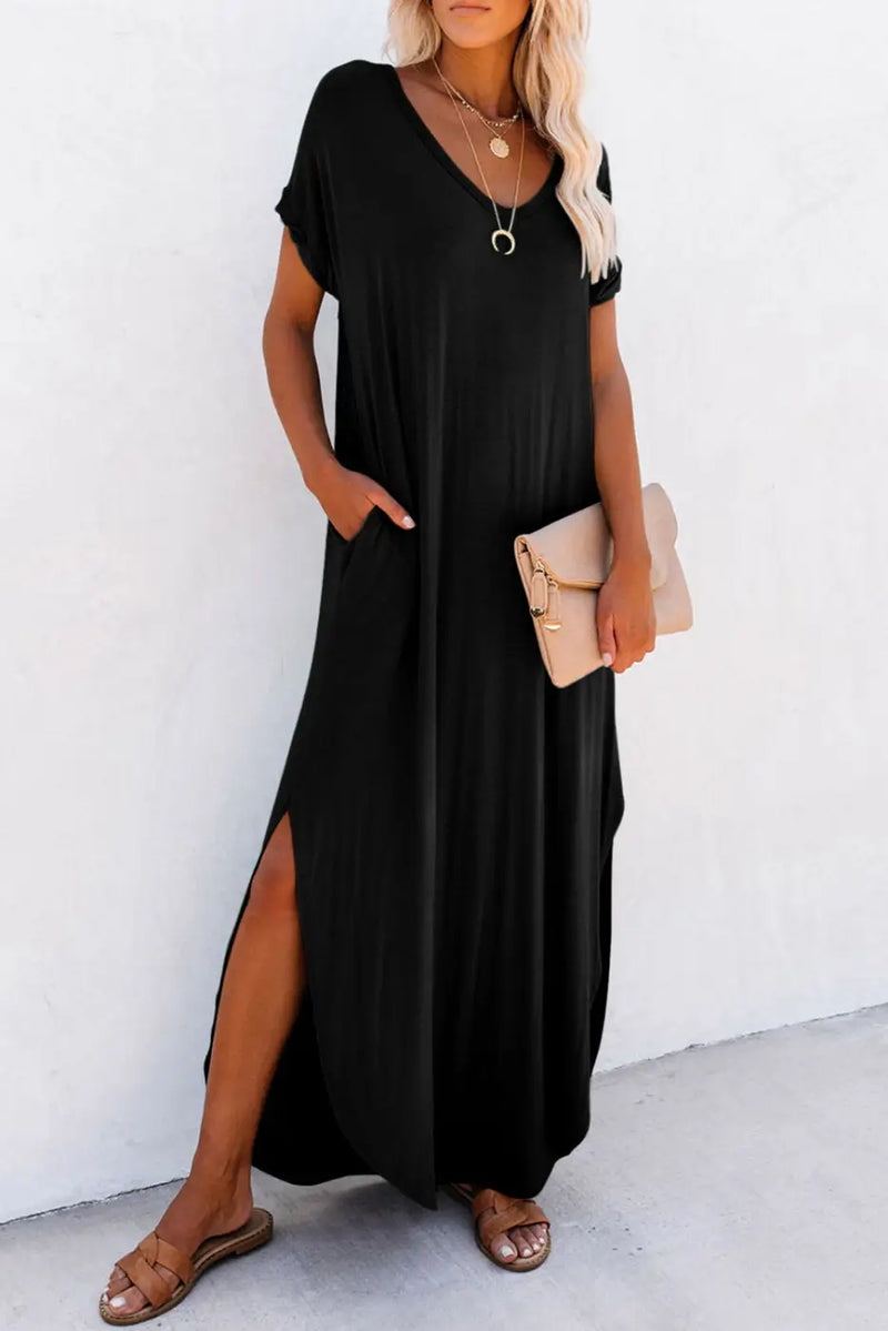 Hidden Pocket Splits Maxi T-shirt Dress-0