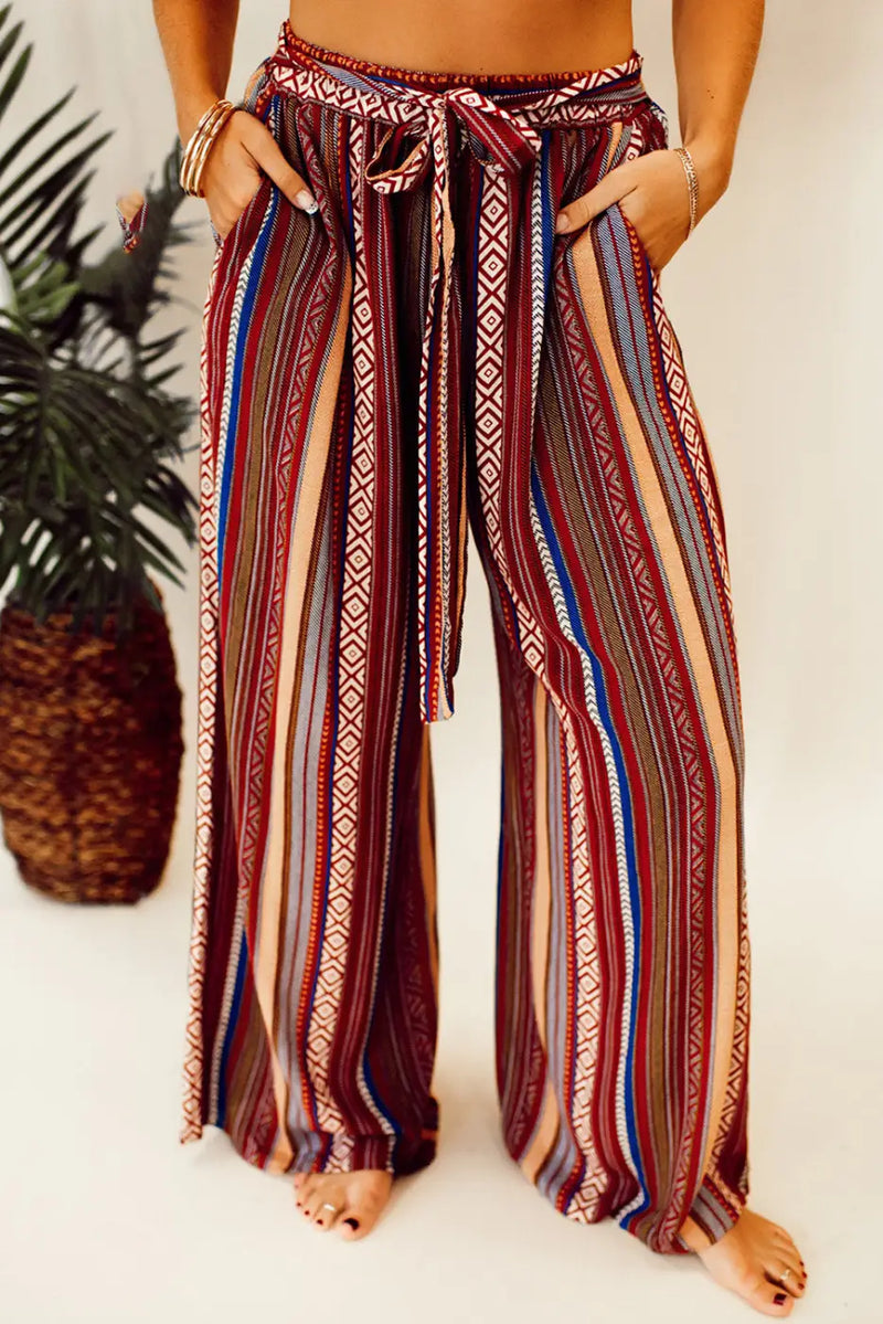 Red Boho Ethnic Striped Print Tie Waist Wide Leg Pants-0