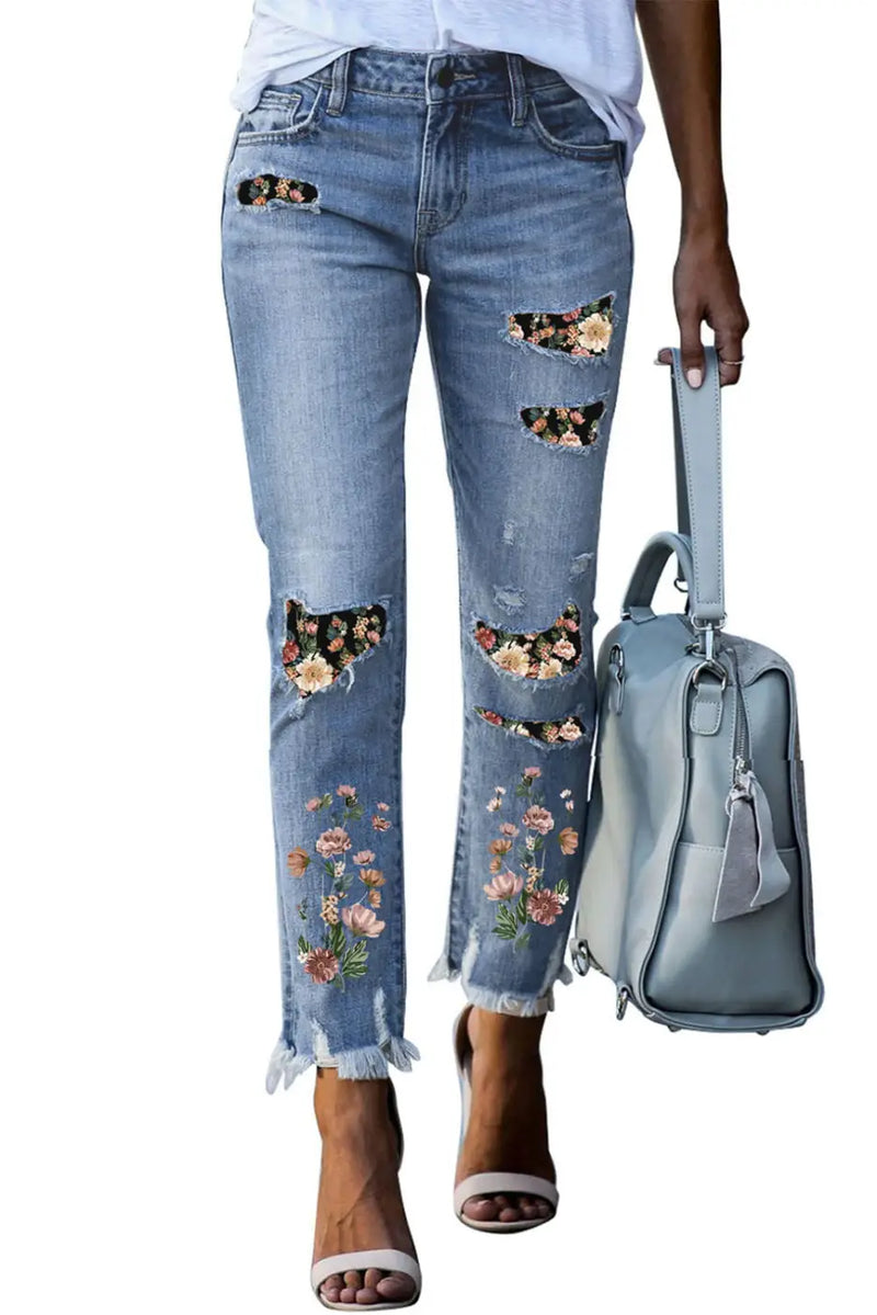 Ripped Skinny Jeans - Sky Blue Printed Patch-2