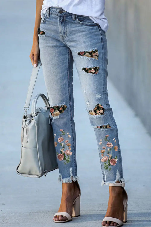 Ripped Skinny Jeans - Sky Blue Printed Patch-0