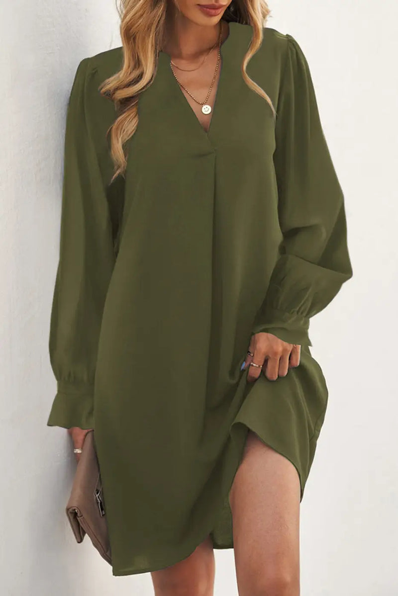 Shirt Dress - Green Split V Neck Ruffled Sleeves-0