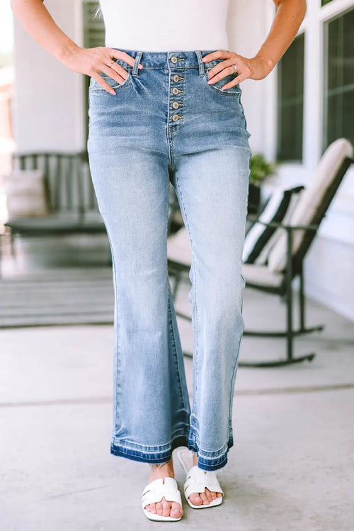 Buttoned Distressed Flared Jeans-0