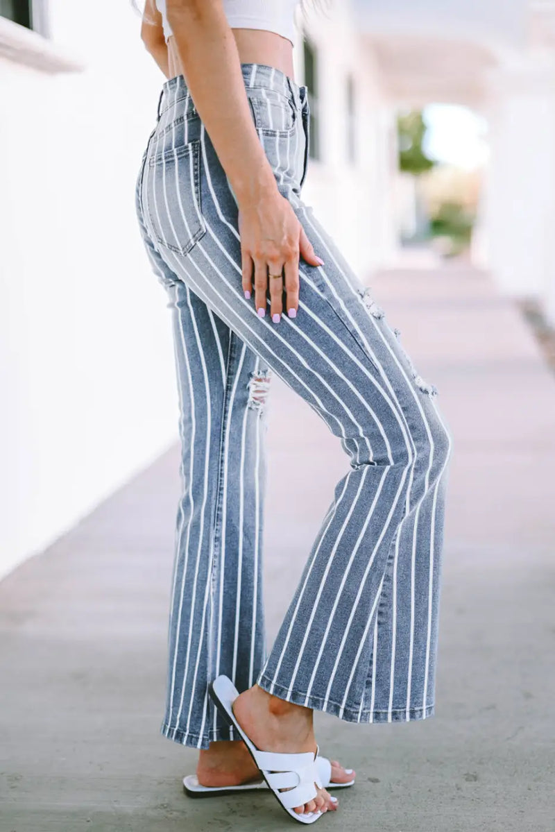 Striped Ripped Flare Jeans-2