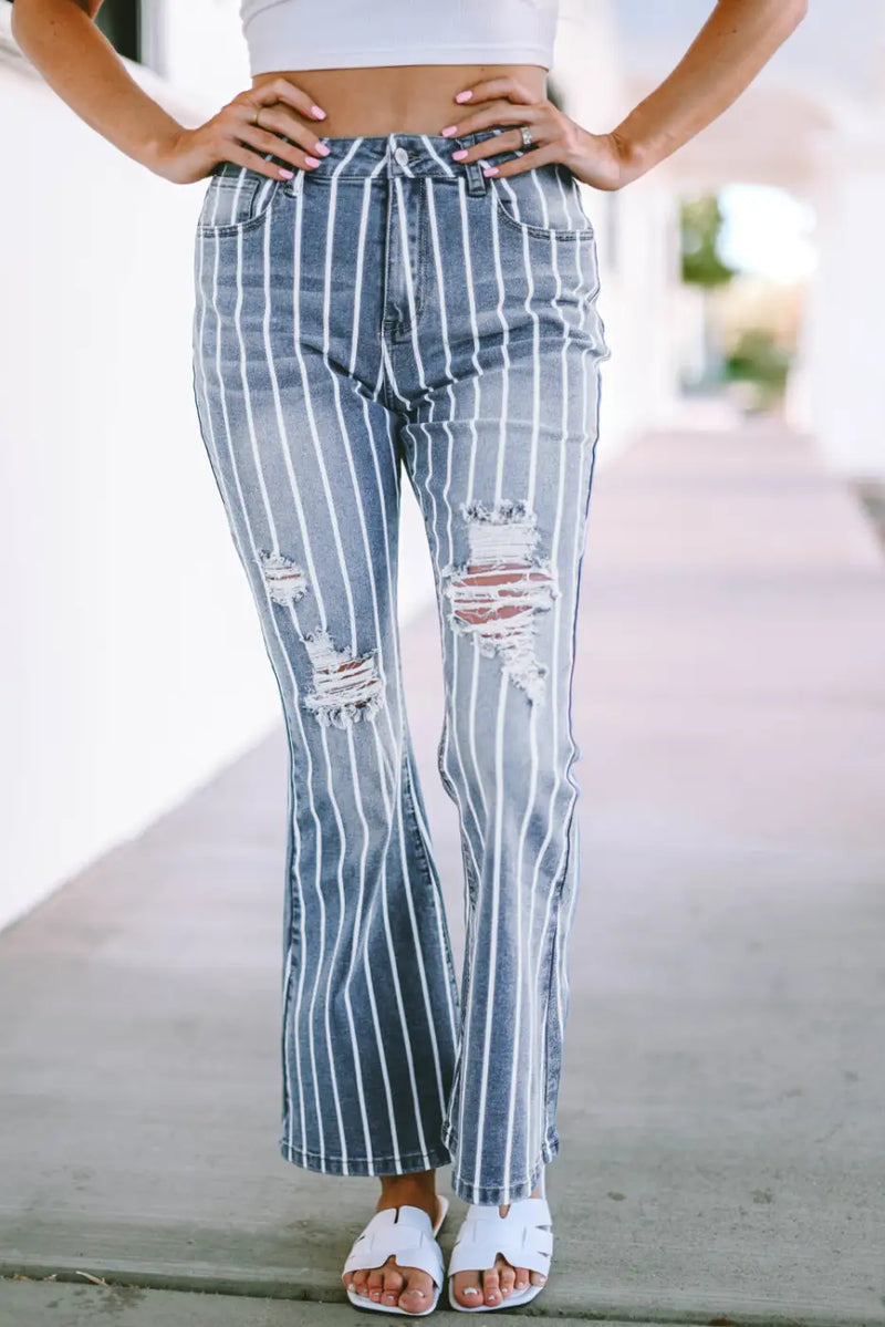 Striped Ripped Flare Jeans-0