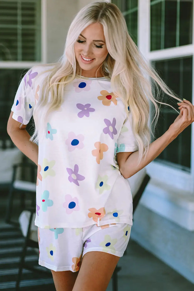 White Flower Print Short Sleeve High Waist Two Piece Shorts Set-0