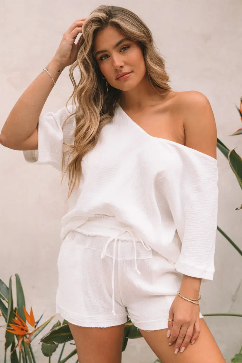 White Relaxed Shorts Lounge Set-0