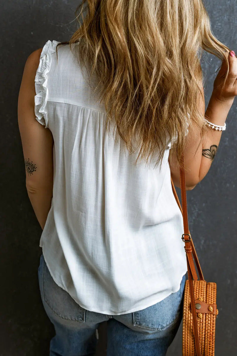 White Tank Top - Button Split Neck Ruffled Trim-1