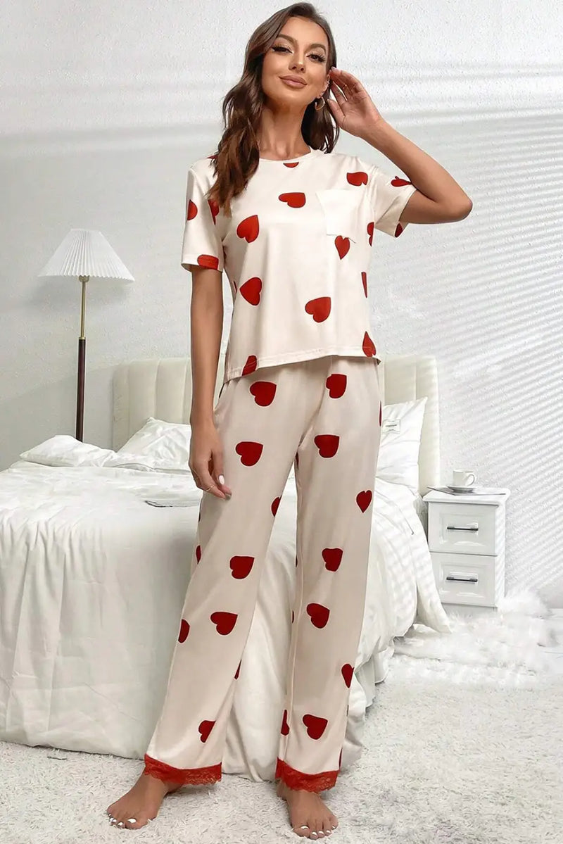 White Valentines Heart Print Lace Hem Tee Pants Pajama Set-3