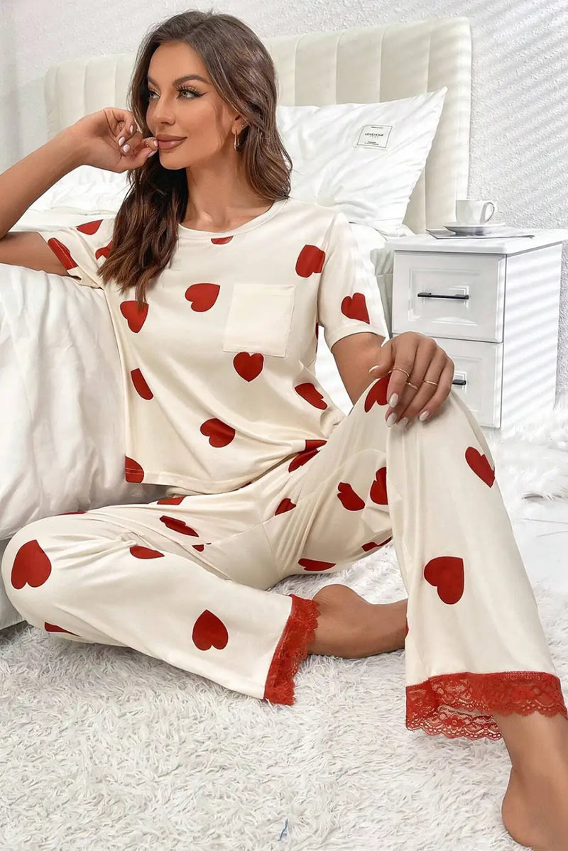 White Valentines Heart Print Lace Hem Tee Pants Pajama Set-2