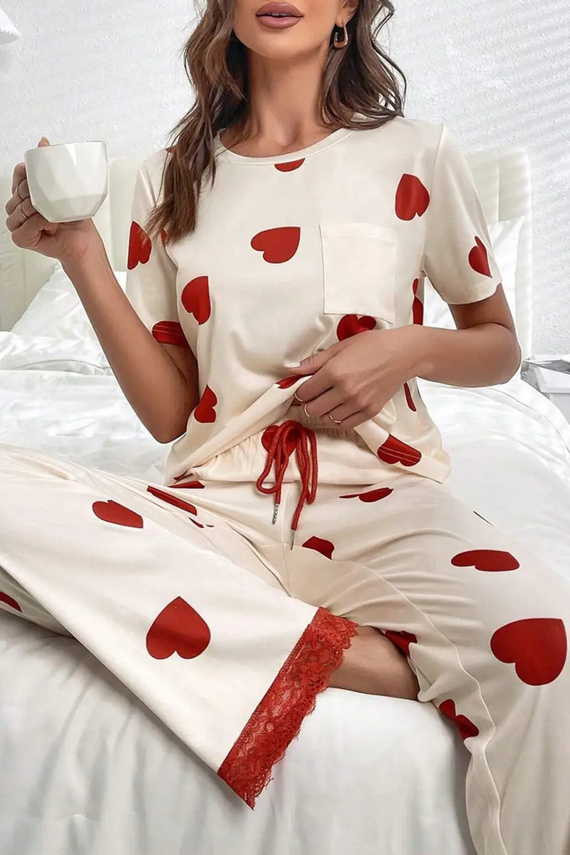 White Valentines Heart Print Lace Hem Tee Pants Pajama Set-0