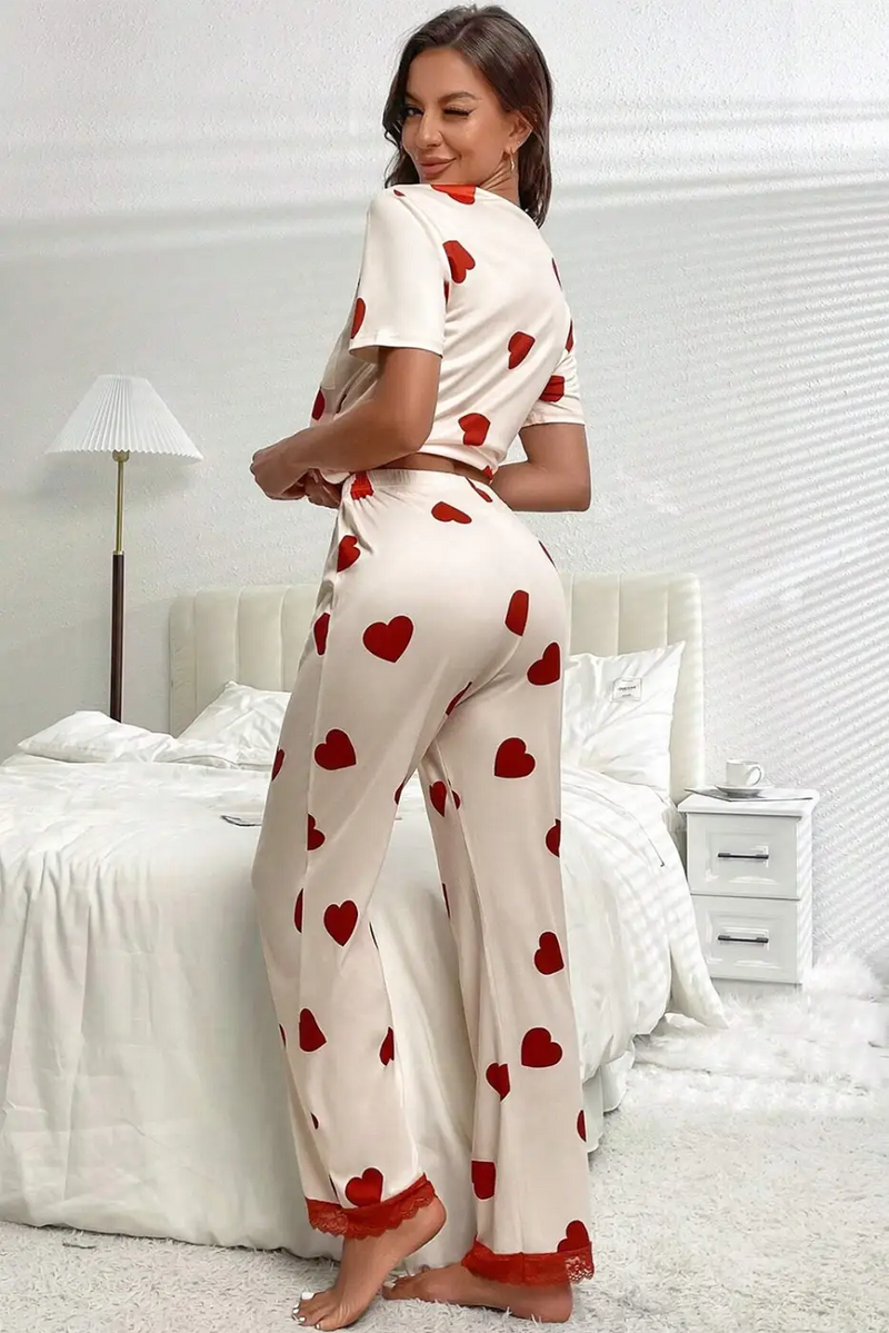 White Valentines Heart Print Lace Hem Tee Pants Pajama Set-1