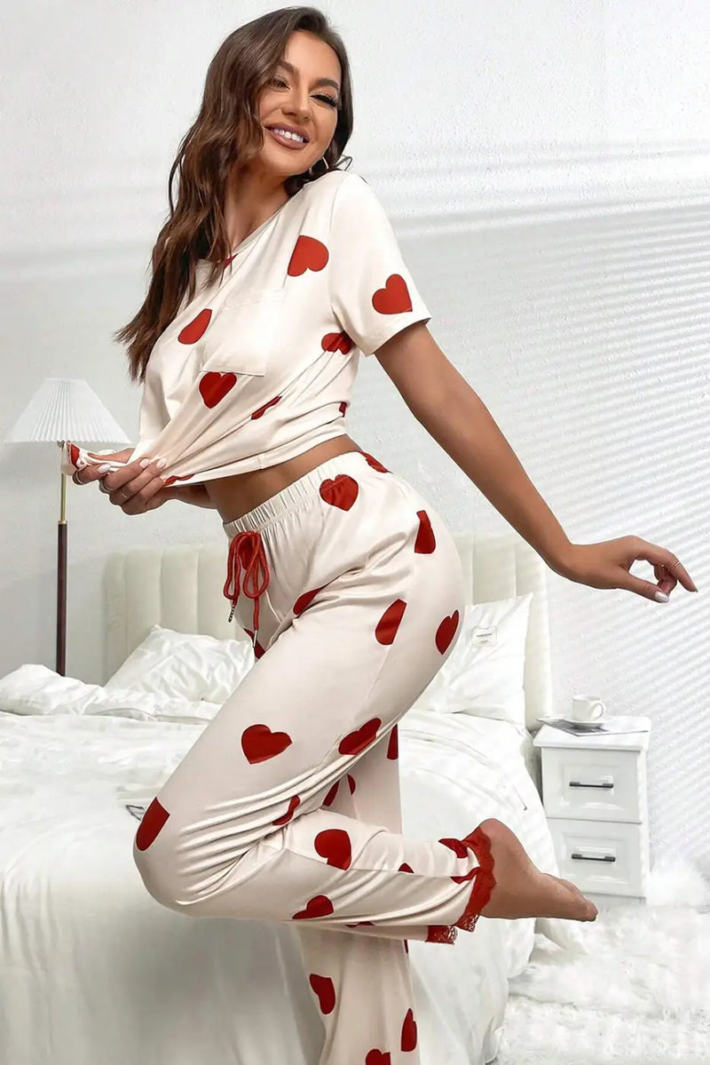 White Valentines Heart Print Lace Hem Tee Pants Pajama Set-4